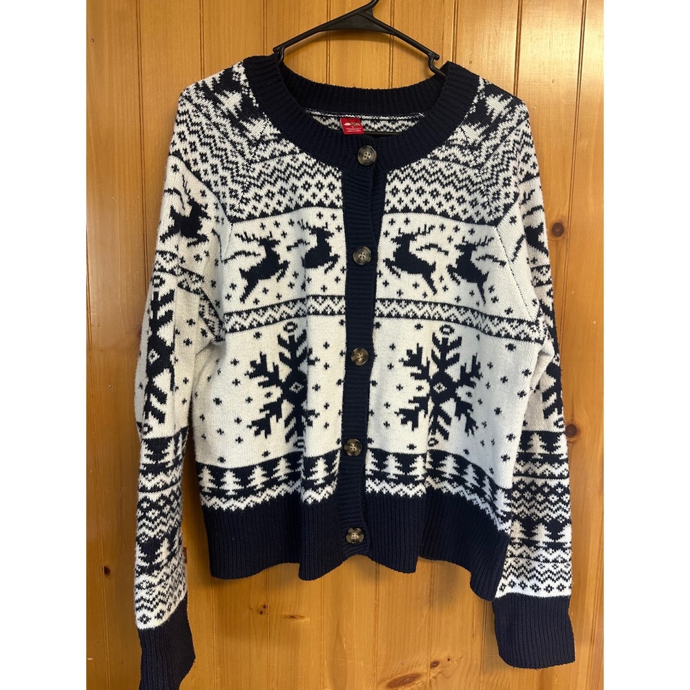 Dec 25th Womens Navy White Fair Isle Reindeer‎ Snowflake Cardigan Sweater Large